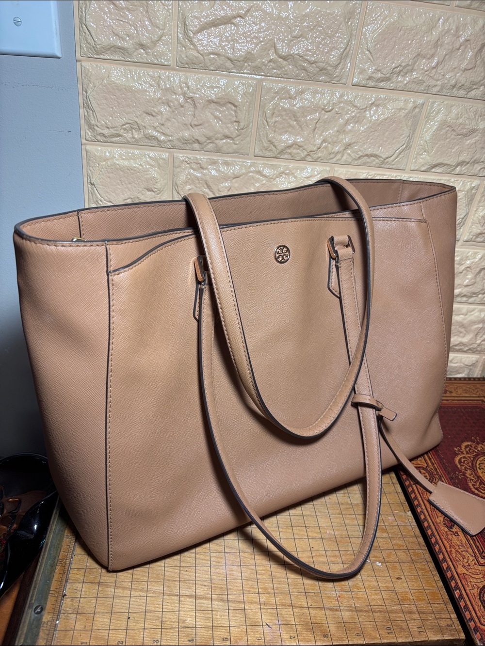 Tory Burch Tan Saffiano Leather Tote with Gold Logo 14.5”x11”x5.5”